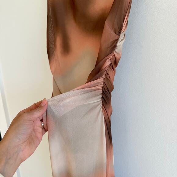 Stradivarius Mesh Marble Tie Dye Sleeveless Ruched Bodycon Maxi Dress Brown S - Picture 7 of 9